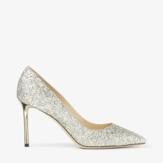 Romy 85 Pumps aus champagnerfarbenem, grobglitzerndem Stoff mit spitzer Zehenpartie