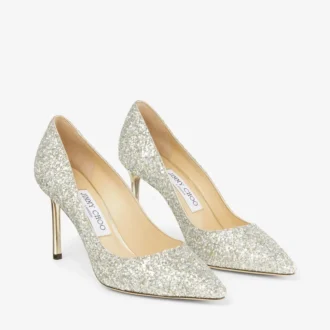 Romy 85 Pumps aus champagnerfarbenem, grobglitzerndem Stoff mit spitzer Zehenpartie