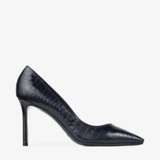 Romy 85 Pumps aus marineblauem Leder mit Krokodilprägung