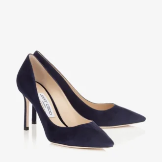 Romy 85 Pumps aus marineblauem Wildleder mit spitzer Zehenpartie