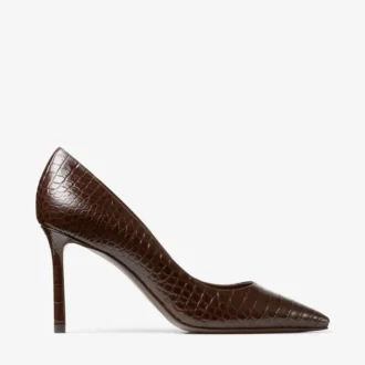 Romy 85 Pumps aus schokoladenbraunem Leder mit Krokodilprägung