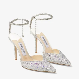Saeda 100 Pumps aus elfenbeinfarbenem Satin mit Kristallverzierung
