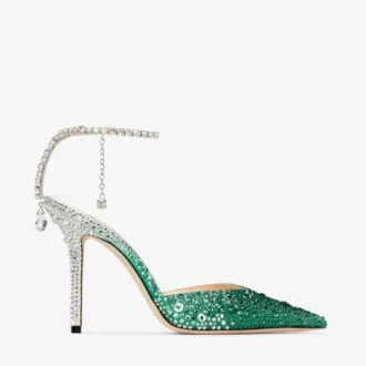 Saeda 100 Smaragdgrüne Satin-Pumps mit Kristallen