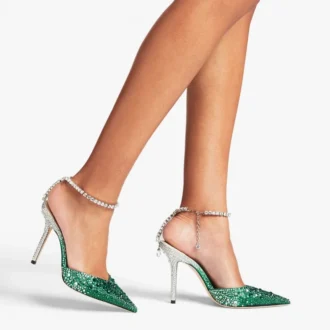 Saeda 100 Smaragdgrüne Satin-Pumps mit Kristallen