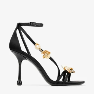 Zea 95 Schwarze Satinsandalen mit Metallblumen