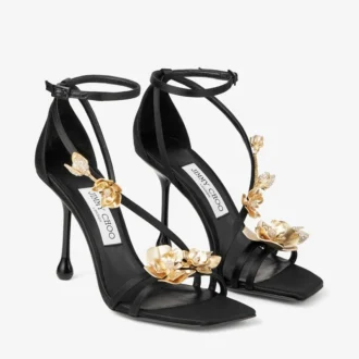 Zea 95 Schwarze Satinsandalen mit Metallblumen