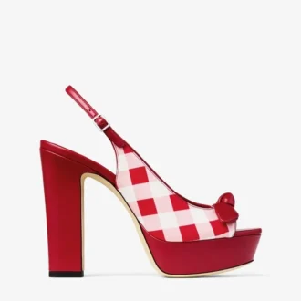 Ziva 120 Rubinrote Plateau-Sandalen aus Baumwoll-Gingham mit Schleife