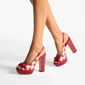 Ziva 120 Rubinrote Plateau-Sandalen aus Baumwoll-Gingham mit Schleife
